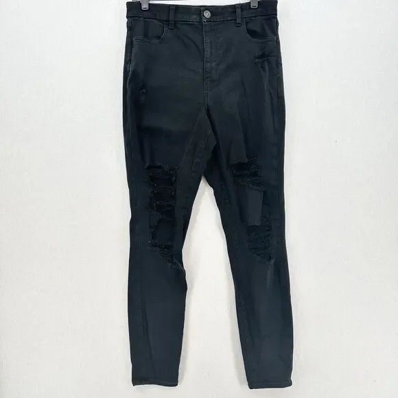 American Eagle Jeans 12 Long Curvy Hi Rise Jegging Next Level Black Distressed - Picture 1 of 12